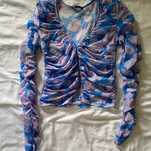 Floral Blue Mesh Top